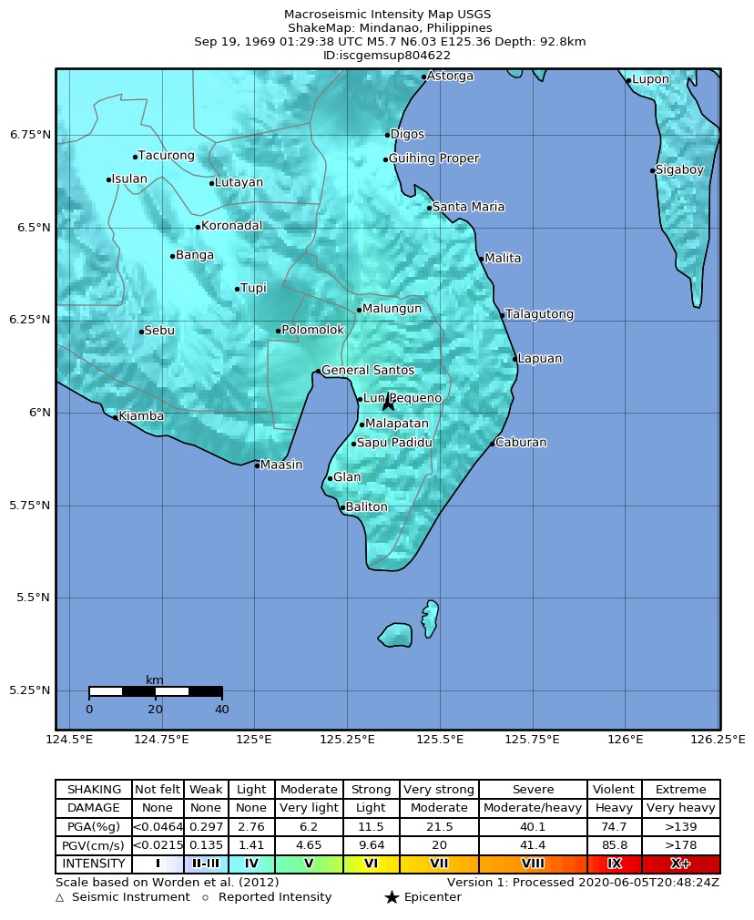 USGS ShakeMap: estimated shaking intensity around the epicenter