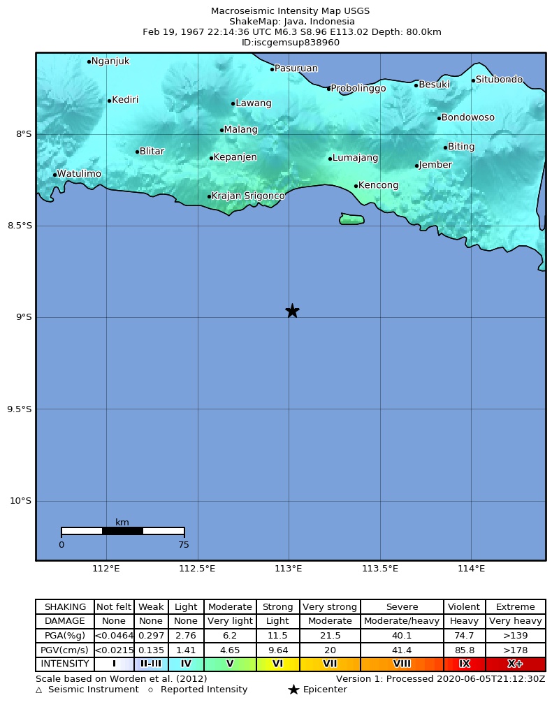 USGS ShakeMap: estimated shaking intensity around the epicenter