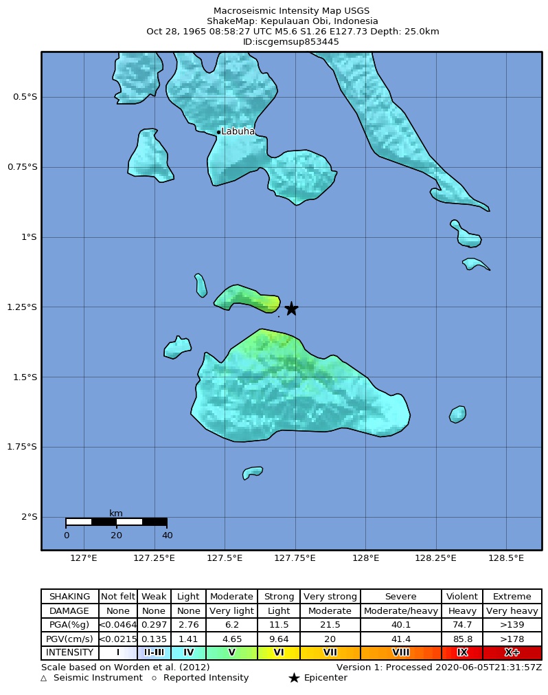 USGS ShakeMap: estimated shaking intensity around the epicenter