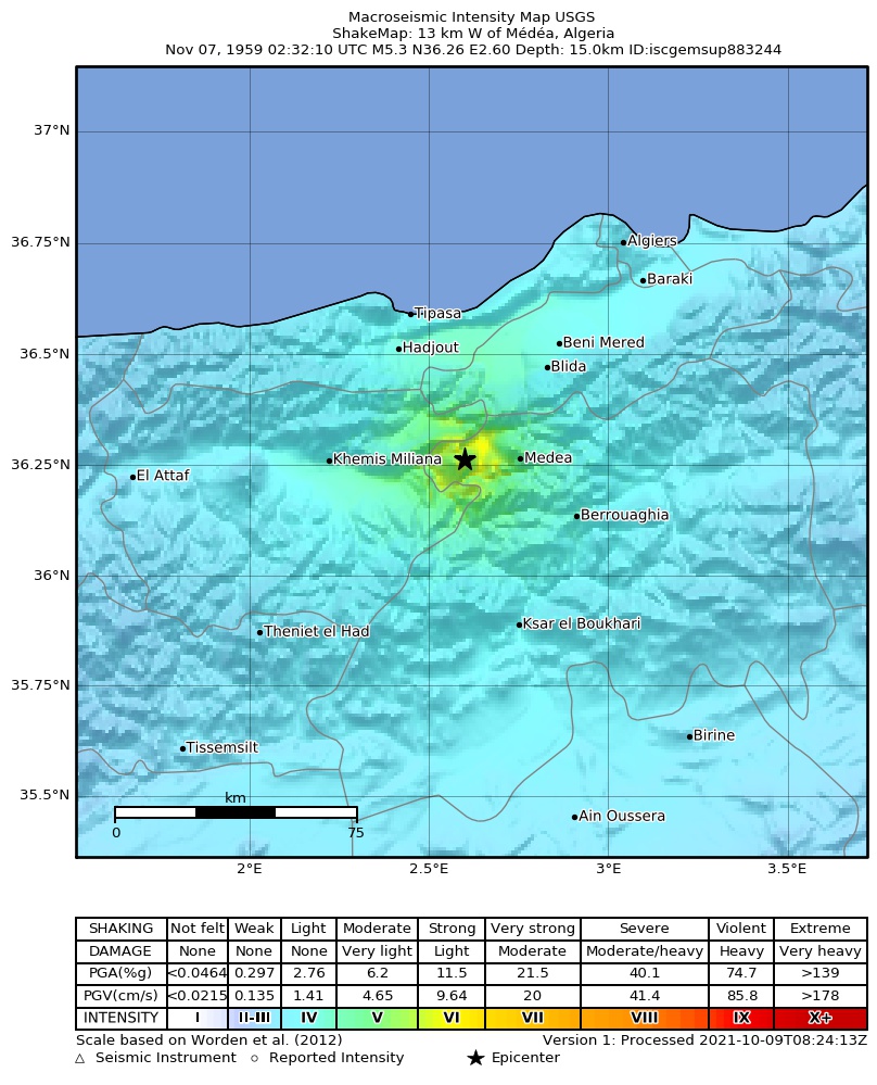 USGS ShakeMap: estimated shaking intensity around the epicenter