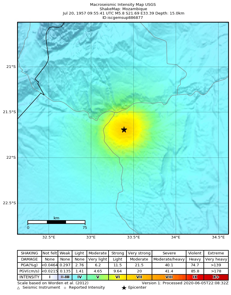 USGS ShakeMap: estimated shaking intensity around the epicenter