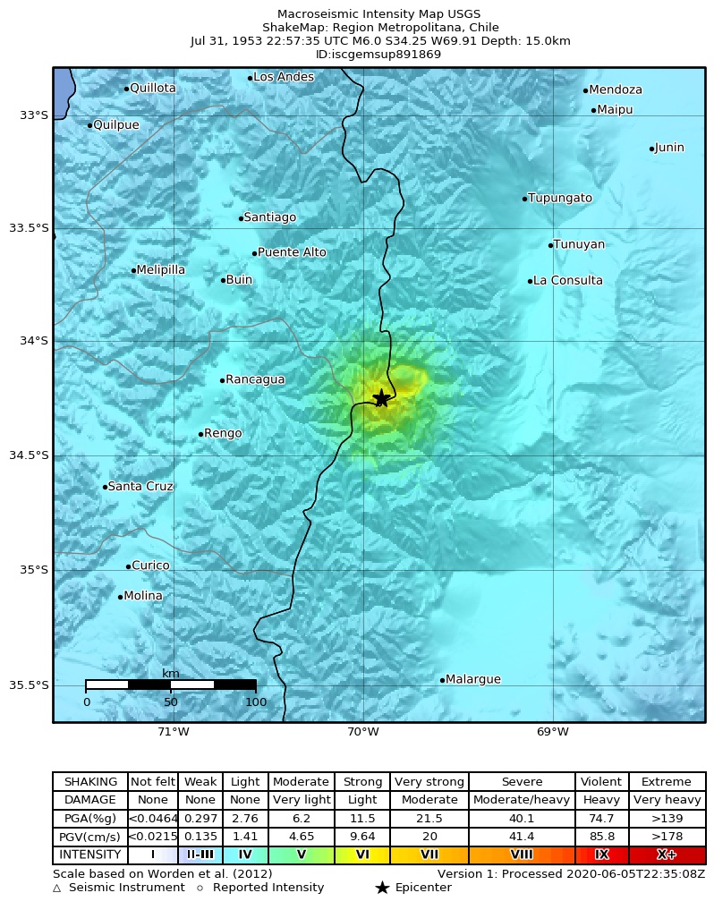 USGS ShakeMap: estimated shaking intensity around the epicenter