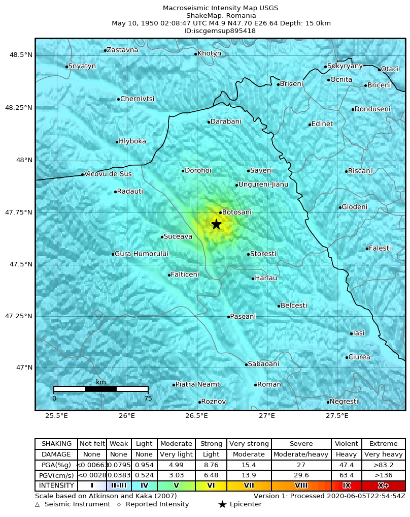 USGS ShakeMap: estimated shaking intensity around the epicenter