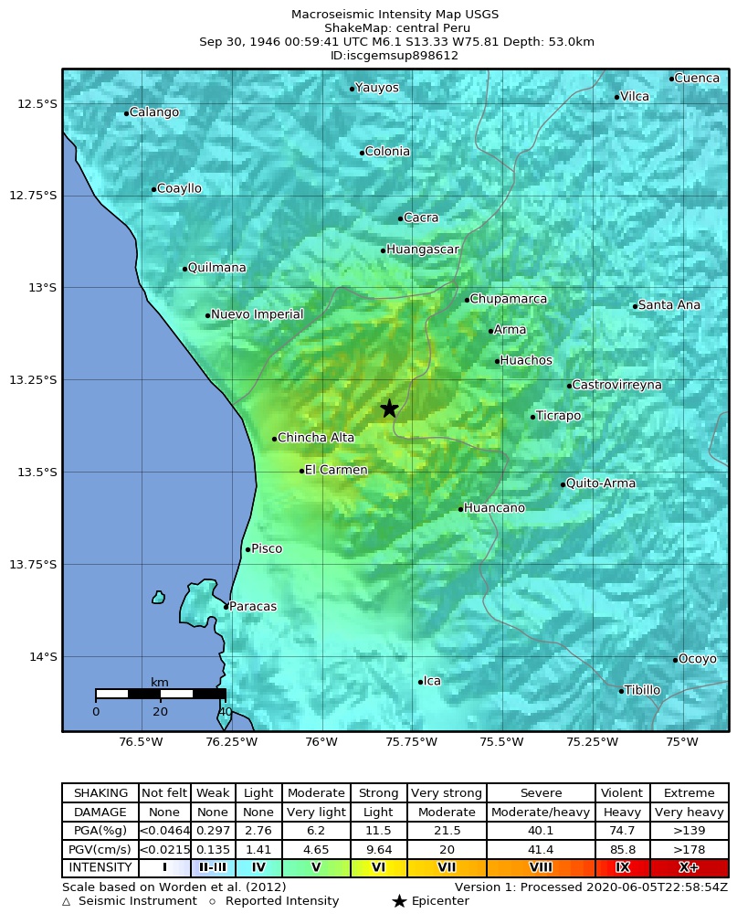 USGS ShakeMap: estimated shaking intensity around the epicenter