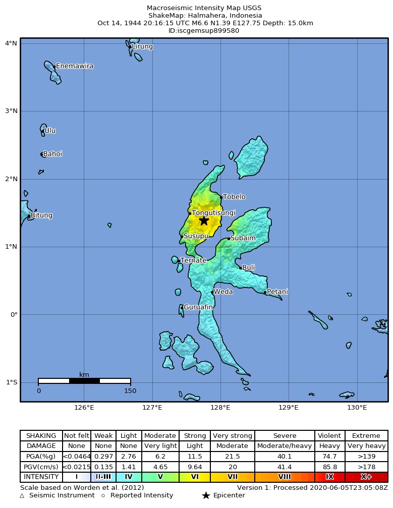 USGS ShakeMap: estimated shaking intensity around the epicenter