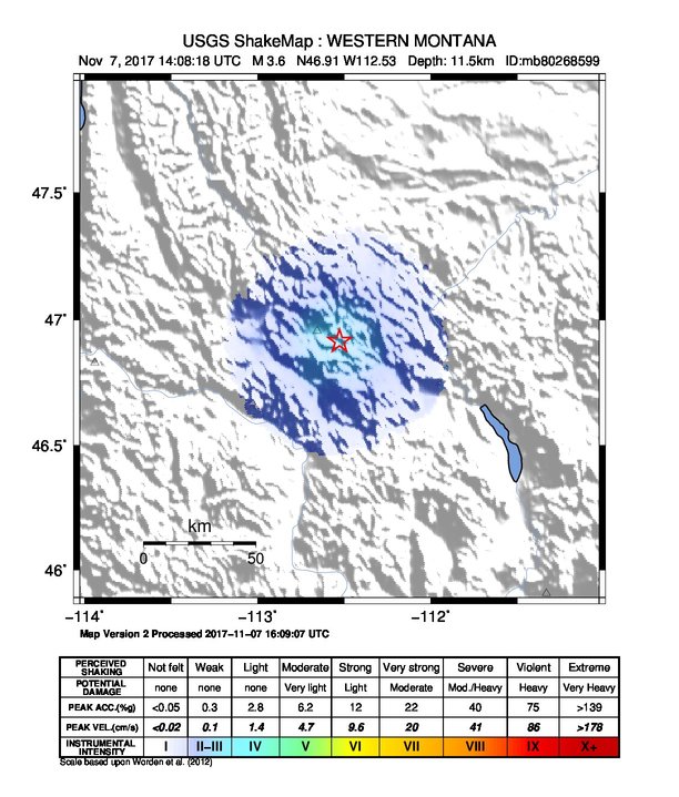 USGS ShakeMap: estimated shaking intensity around the epicenter