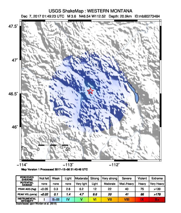 USGS ShakeMap: estimated shaking intensity around the epicenter