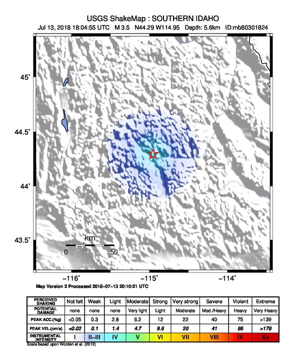USGS ShakeMap: estimated shaking intensity around the epicenter