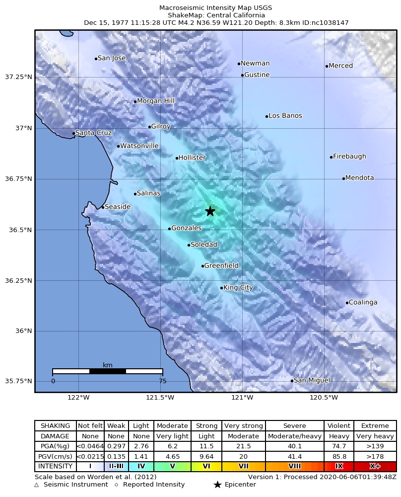 USGS ShakeMap: estimated shaking intensity around the epicenter