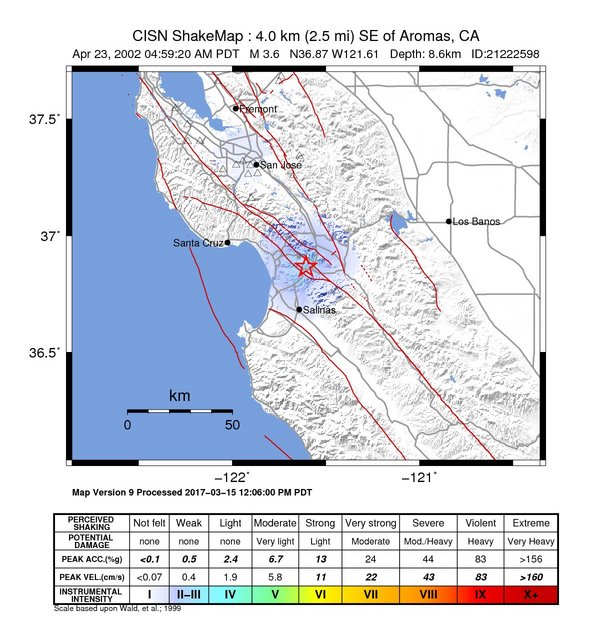 USGS ShakeMap: estimated shaking intensity around the epicenter