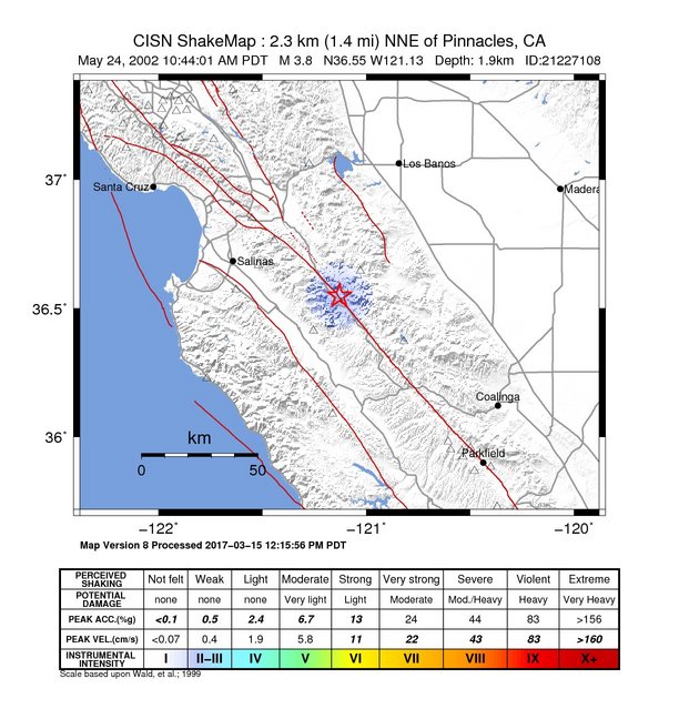 USGS ShakeMap: estimated shaking intensity around the epicenter