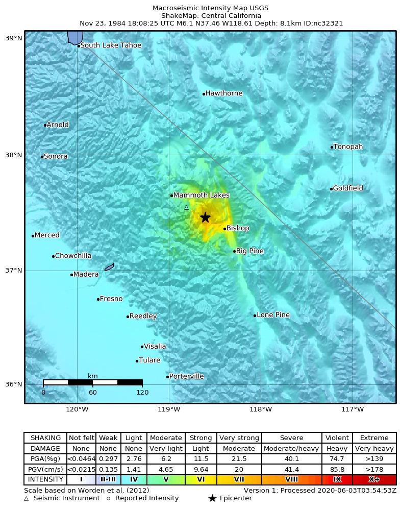USGS ShakeMap: estimated shaking intensity around the epicenter
