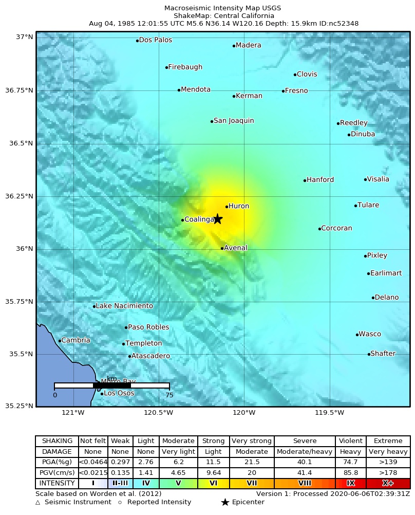 USGS ShakeMap: estimated shaking intensity around the epicenter