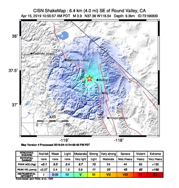 USGS ShakeMap: estimated shaking intensity around the epicenter