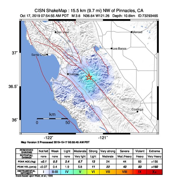USGS ShakeMap: estimated shaking intensity around the epicenter