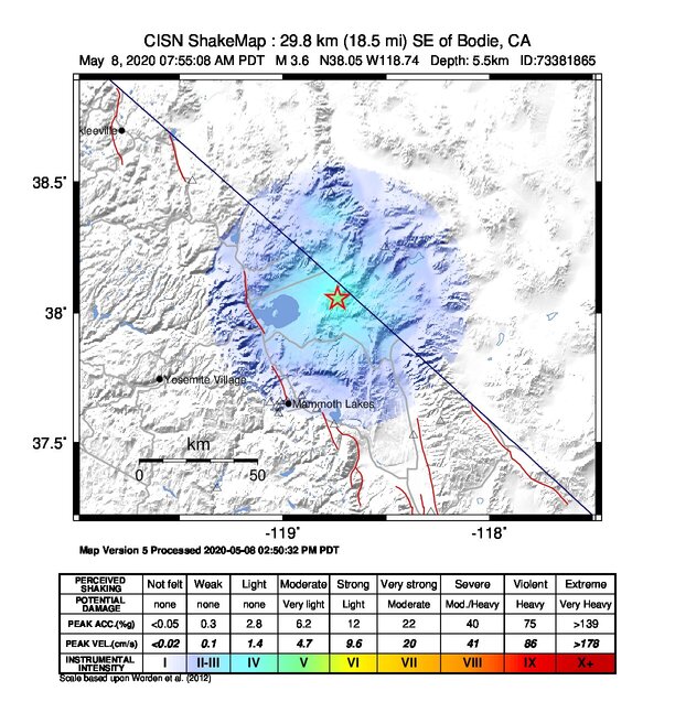 USGS ShakeMap: estimated shaking intensity around the epicenter