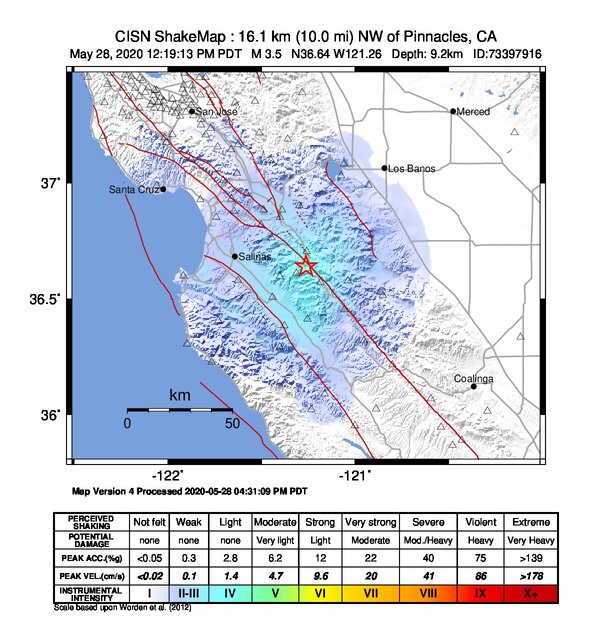 USGS ShakeMap: estimated shaking intensity around the epicenter