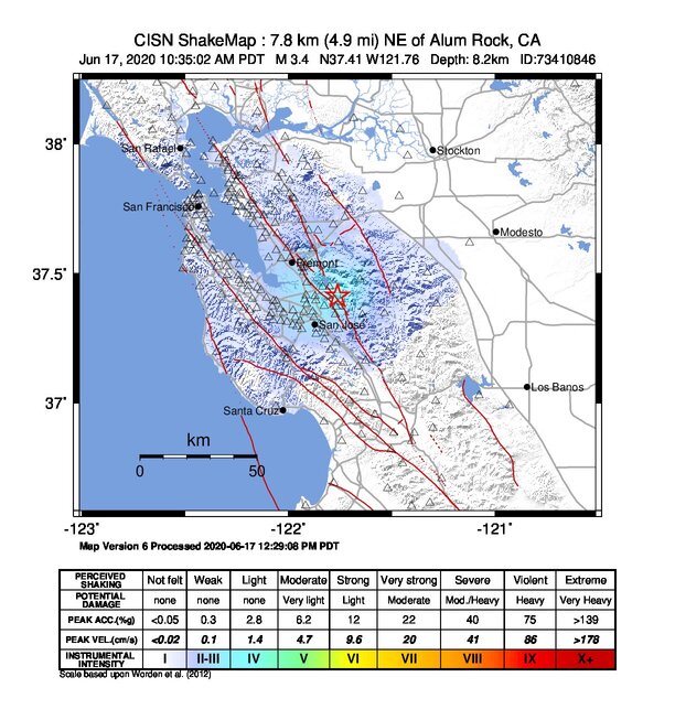 USGS ShakeMap intensity contours for the M3.4 earthquake near 8km NE of Alum Rock, CA