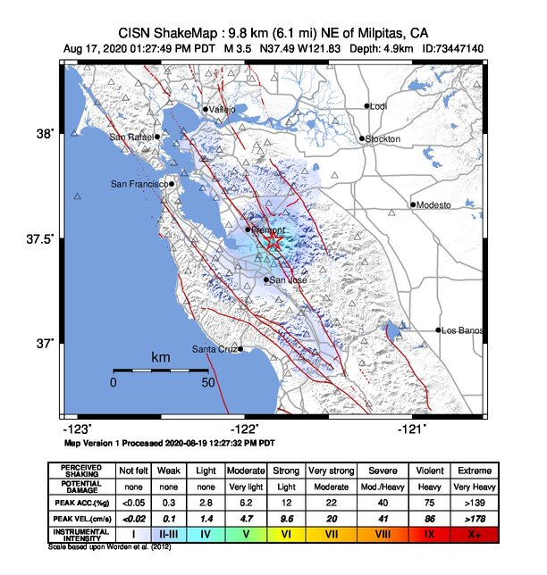 USGS ShakeMap intensity contours for the M3.5 earthquake near 10km NE of Milpitas, CA