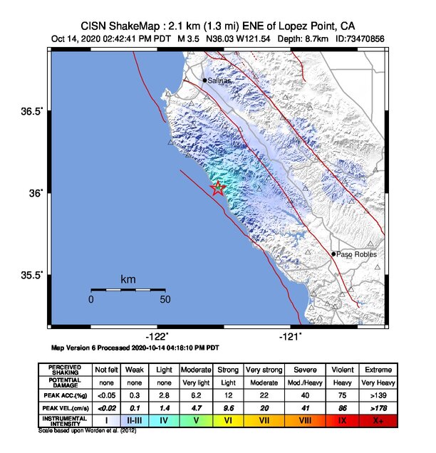 USGS ShakeMap intensity contours for the M3.5 earthquake near 2km ENE of Lopez Point, CA