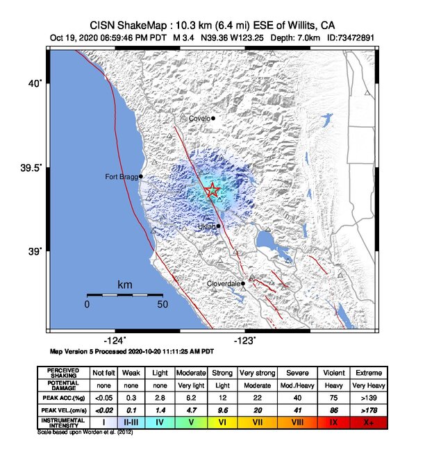 USGS ShakeMap: estimated shaking intensity around the epicenter