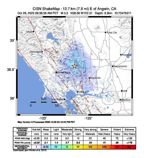 USGS ShakeMap: estimated shaking intensity around the epicenter
