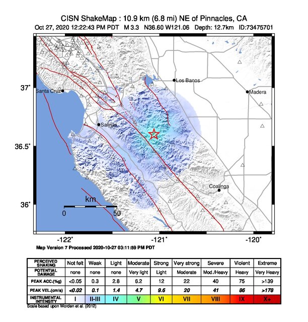 USGS ShakeMap: estimated shaking intensity around the epicenter