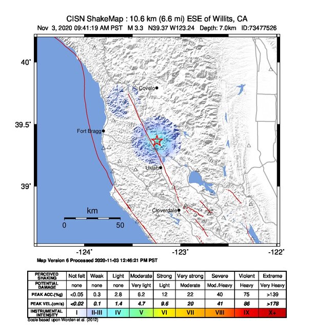 USGS ShakeMap: estimated shaking intensity around the epicenter