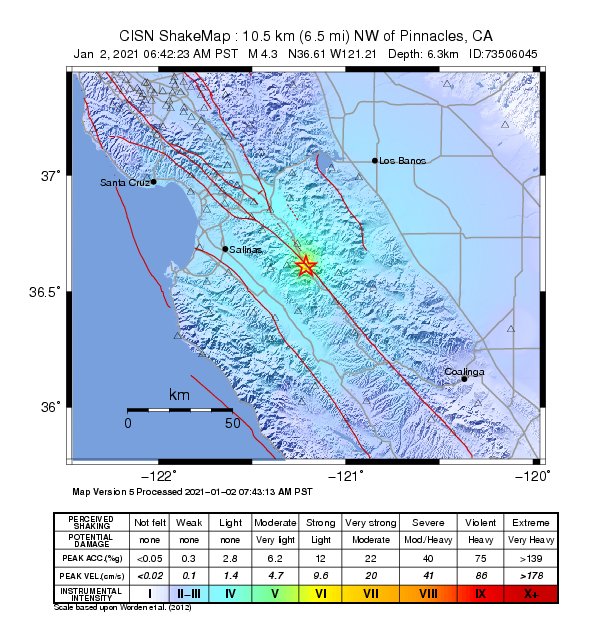 USGS ShakeMap: estimated shaking intensity around the epicenter