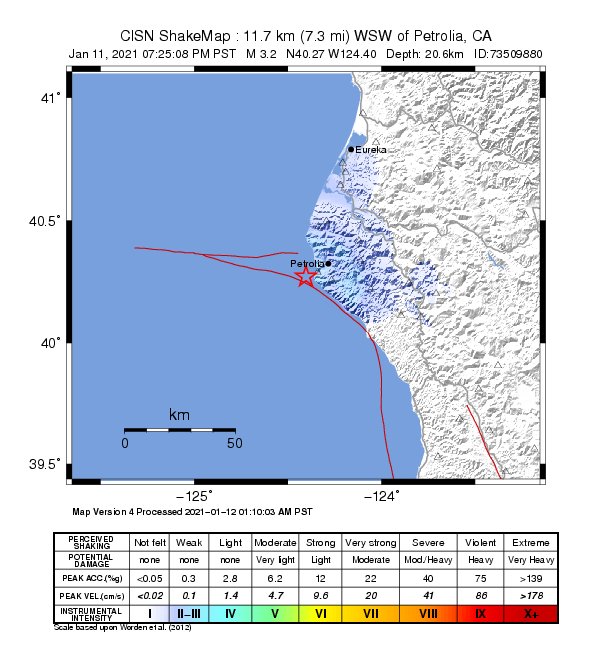 USGS ShakeMap: estimated shaking intensity around the epicenter