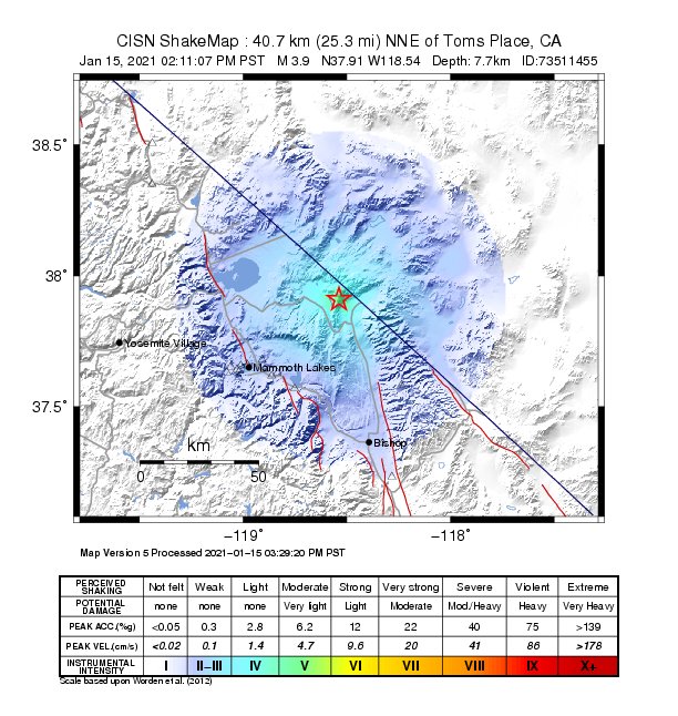 USGS ShakeMap intensity contours for the M3.9 earthquake near 41km NNE of Toms Place, CA