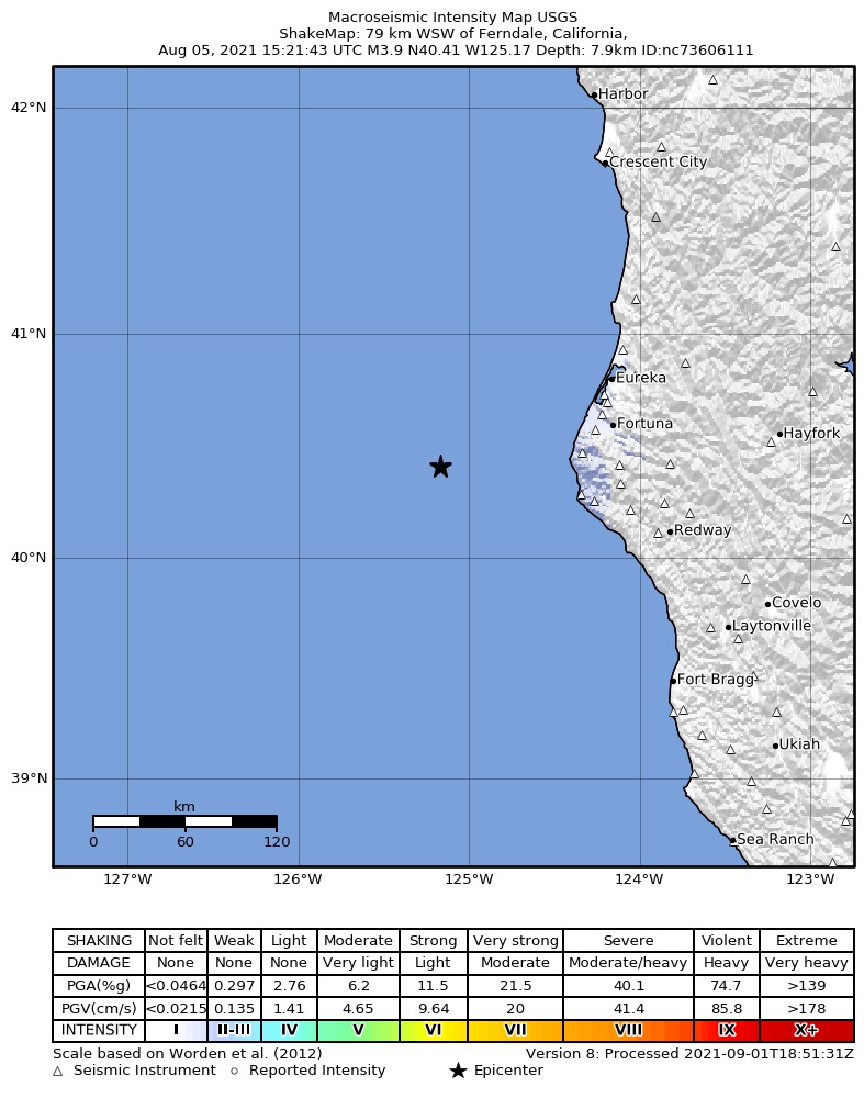 USGS ShakeMap: estimated shaking intensity around the epicenter