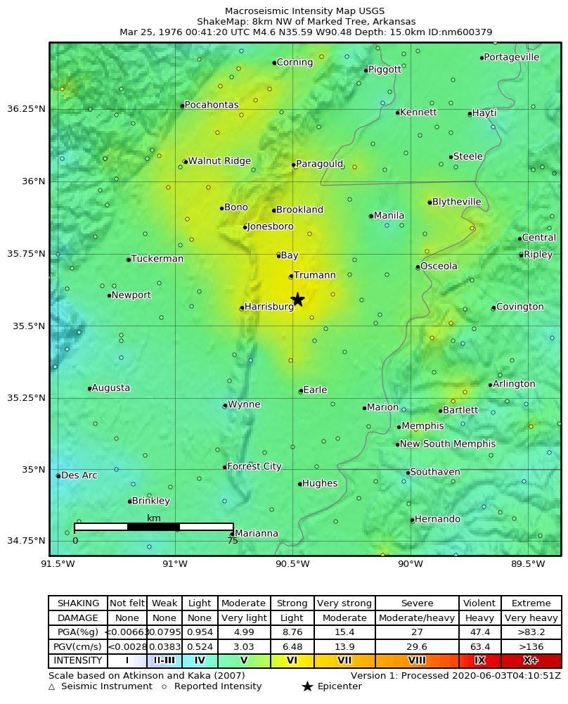USGS ShakeMap: estimated shaking intensity around the epicenter