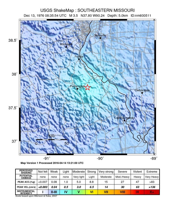 USGS ShakeMap: estimated shaking intensity around the epicenter
