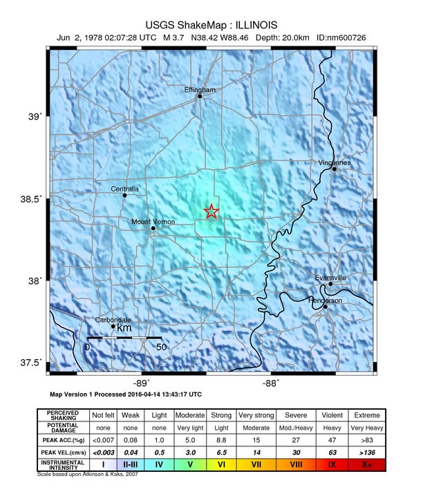 USGS ShakeMap: estimated shaking intensity around the epicenter