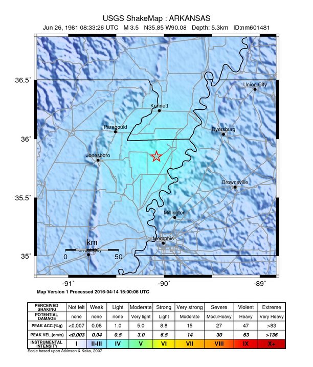 USGS ShakeMap: estimated shaking intensity around the epicenter