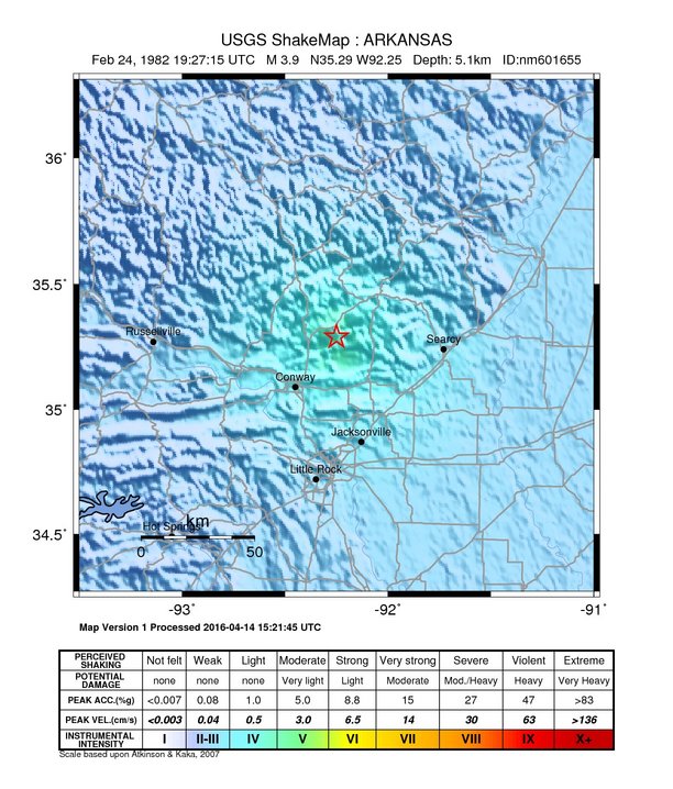 USGS ShakeMap: estimated shaking intensity around the epicenter