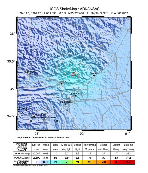 USGS ShakeMap: estimated shaking intensity around the epicenter