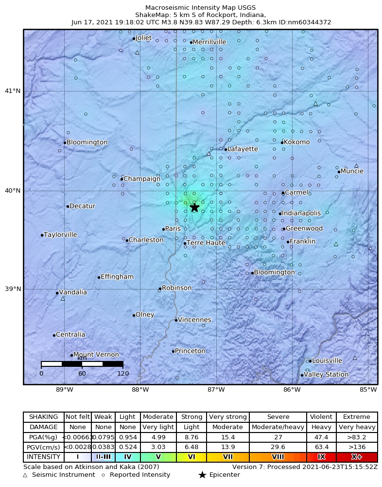 USGS ShakeMap intensity contours for the M3.8 earthquake near Illinois-Indiana border region