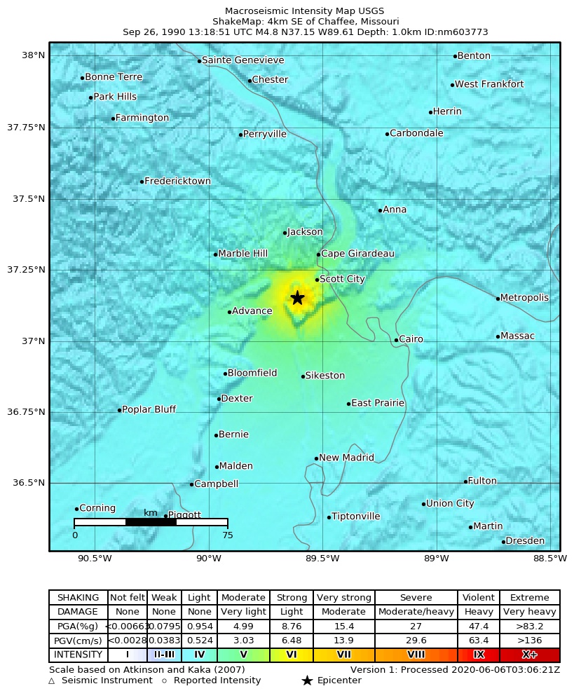 USGS ShakeMap: estimated shaking intensity around the epicenter