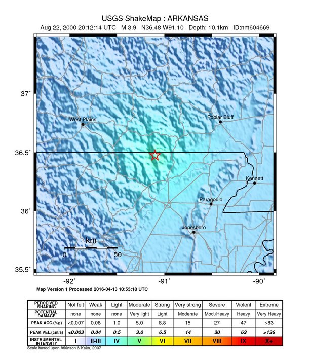USGS ShakeMap: estimated shaking intensity around the epicenter