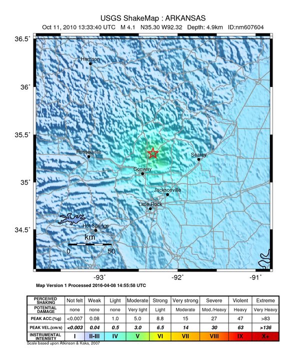 USGS ShakeMap: estimated shaking intensity around the epicenter