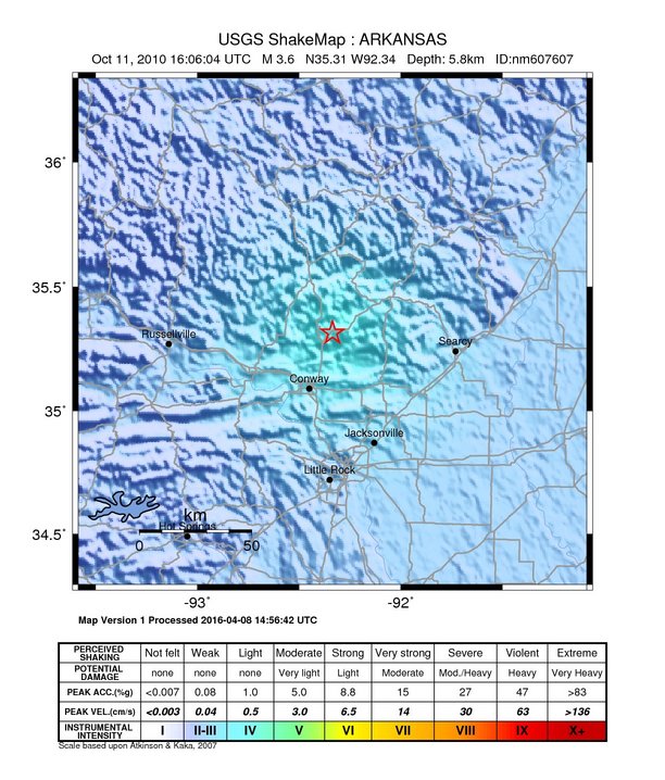 USGS ShakeMap: estimated shaking intensity around the epicenter
