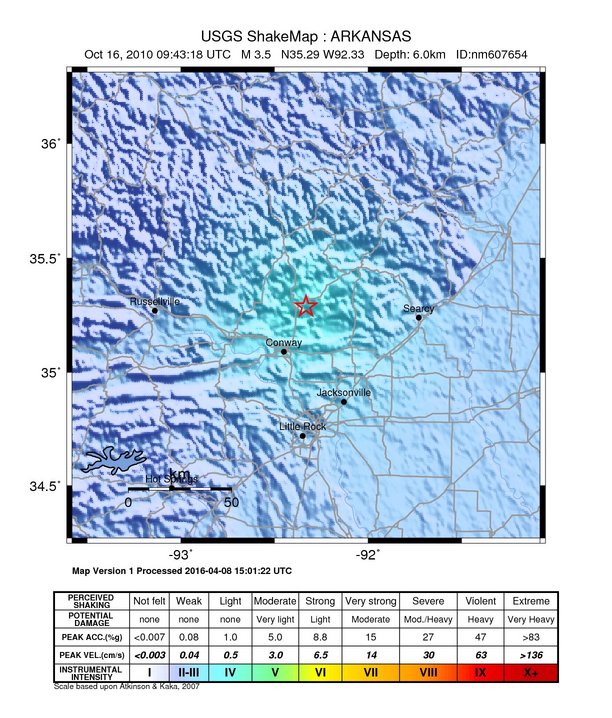 USGS ShakeMap: estimated shaking intensity around the epicenter