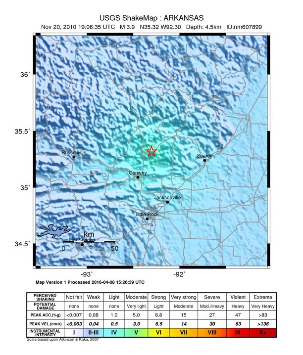 USGS ShakeMap: estimated shaking intensity around the epicenter