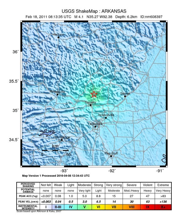 USGS ShakeMap: estimated shaking intensity around the epicenter