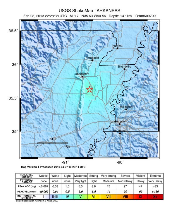 USGS ShakeMap: estimated shaking intensity around the epicenter