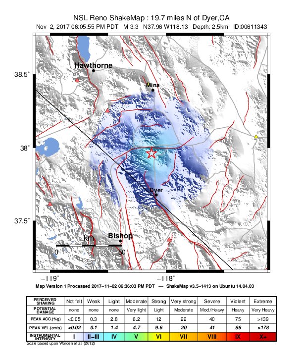 USGS ShakeMap: estimated shaking intensity around the epicenter