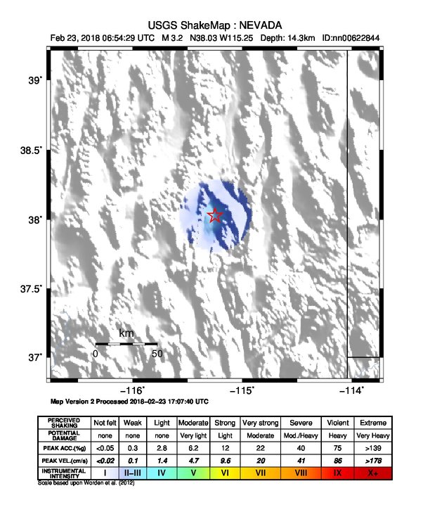 USGS ShakeMap: estimated shaking intensity around the epicenter