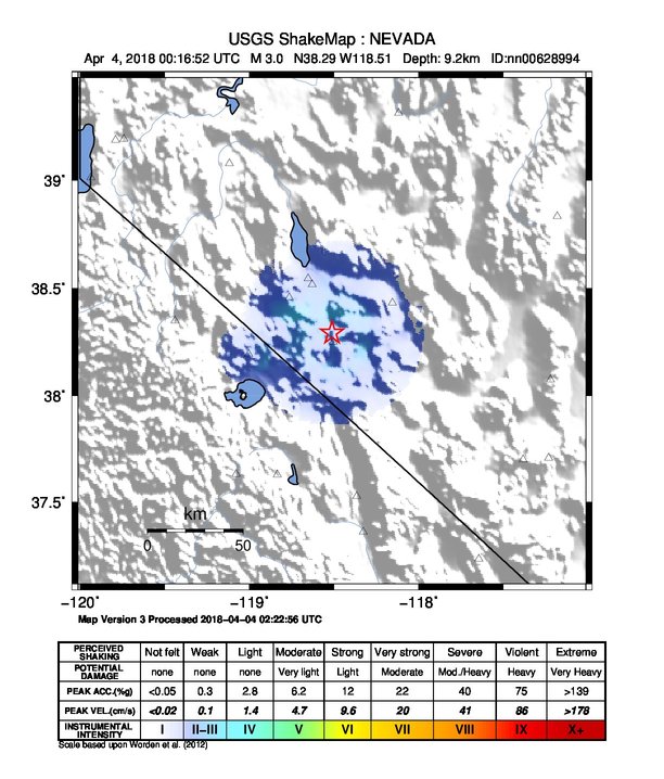 USGS ShakeMap: estimated shaking intensity around the epicenter